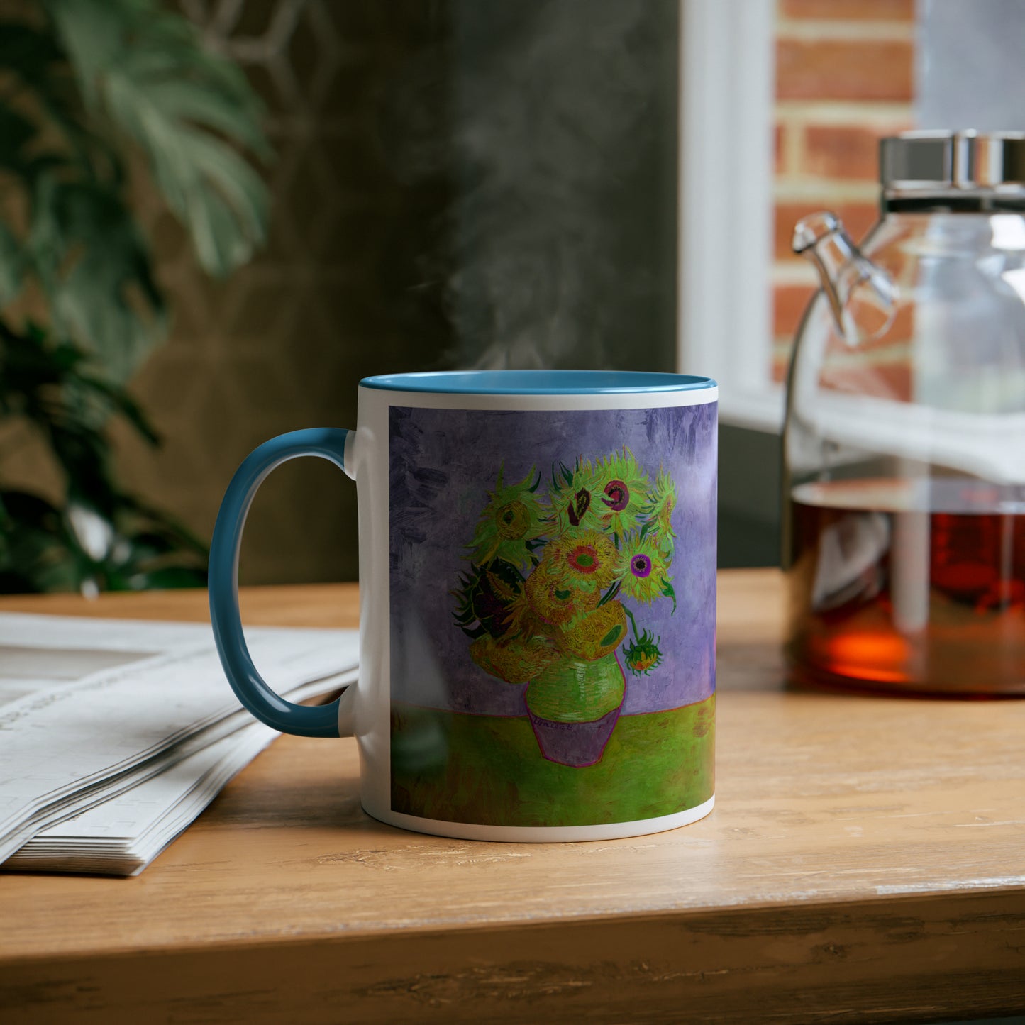 Van Gogh's Vase with Twelve Sunflowers (1888–1889) - Pop art green Fine Art Print Two-Tone Coffee Mugs, 11oz