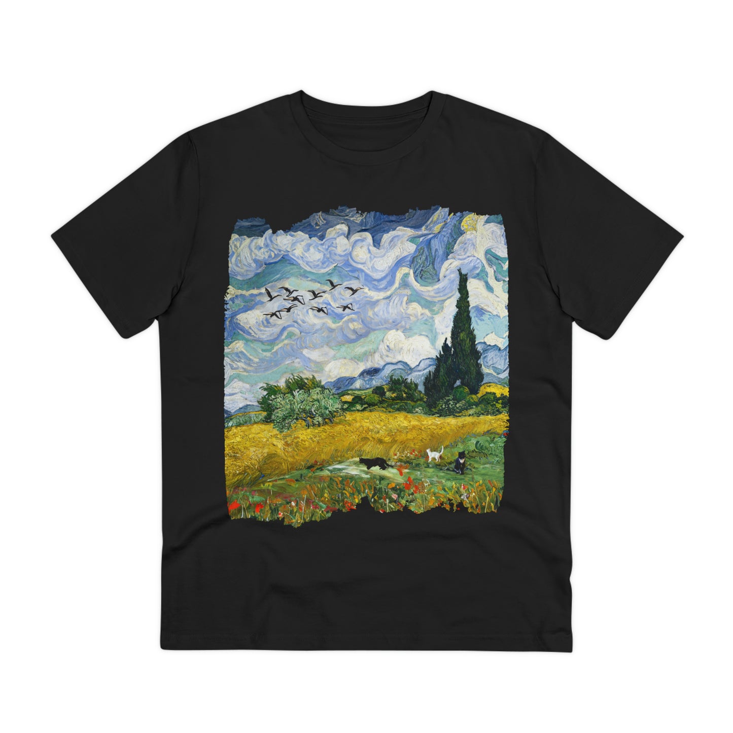 Van Gogh's Wheat Field with Cypresses (1889) - Birds Fine Art Print Organic Cotton T-Shirt Unisex