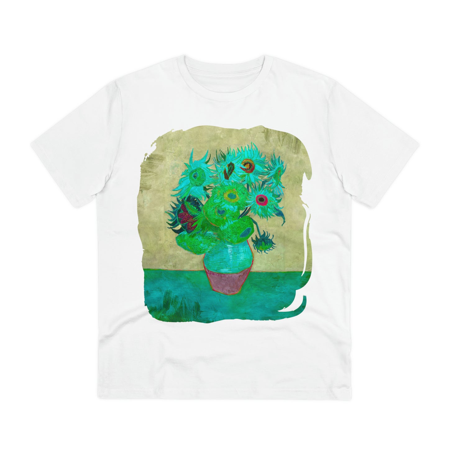 Van Gogh's Vase with Twelve Sunflowers (1888–1889) - Pop art turqoise Fine Art Print Organic Cotton T-Shirt Unisex