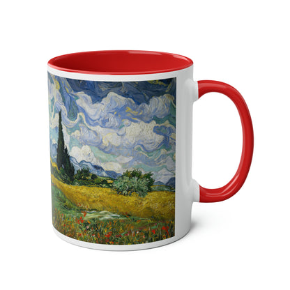 Van Gogh's Wheat Field with Cypresses (1889) - Original Fine Art Print Two-Tone Coffee Mugs, 11oz