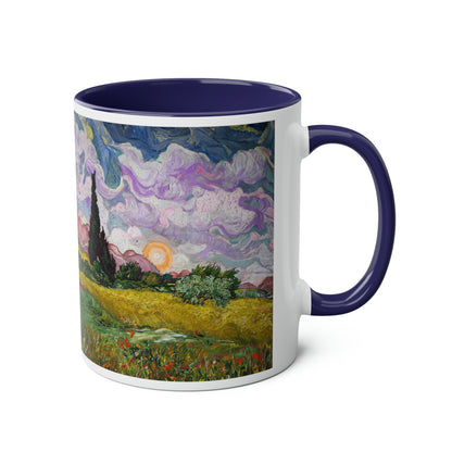 Van Gogh's Wheat Field with Cypresses (1889) - Sunset Fine Art Print Two-Tone Coffee Mugs, 11oz