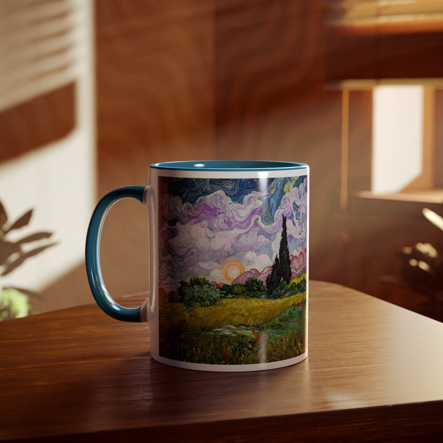 Van Gogh's Wheat Field with Cypresses (1889) - Sunset Fine Art Print Two-Tone Coffee Mugs, 11oz