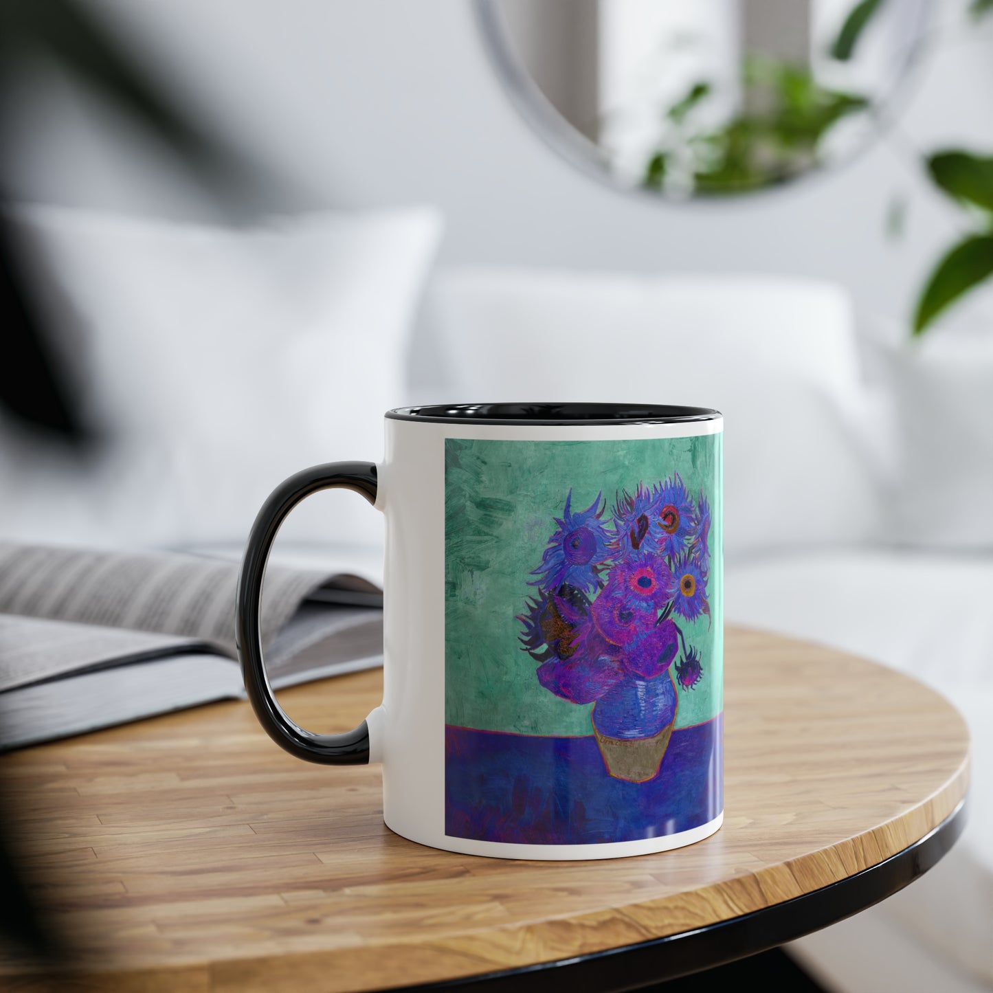 Van Gogh's Vase with Twelve Sunflowers (1888–1889) - Pop art purple Fine Art Print Two-Tone Coffee Mugs, 11oz