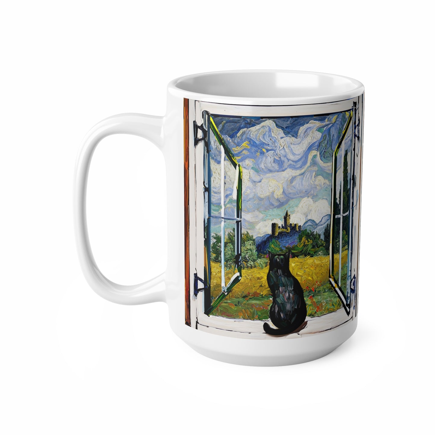 Van Gogh's Wheat Field with Cypresses (1889) - Cat with castle ruin Fine Art Print Ceramic Coffee Mugs, 11oz, 15oz