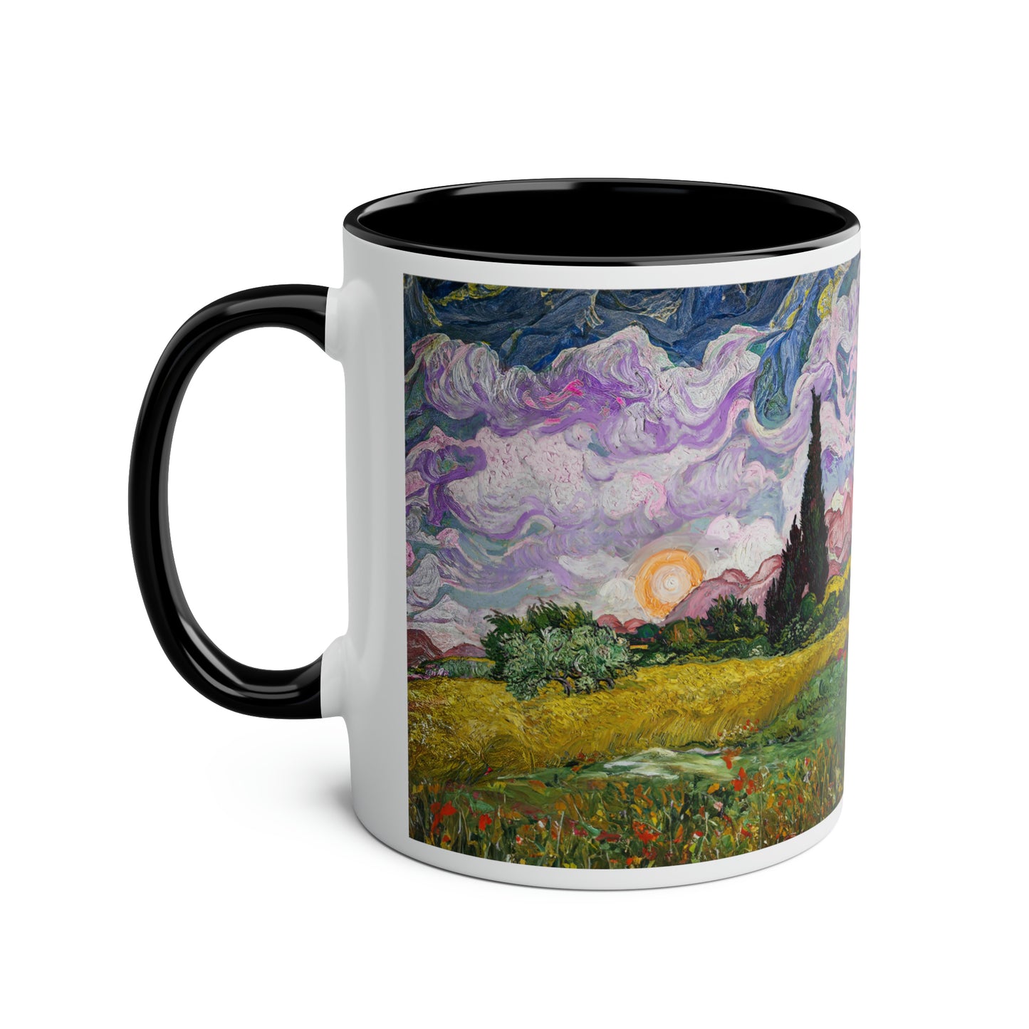 Van Gogh's Wheat Field with Cypresses (1889) - Sunset Fine Art Print Two-Tone Coffee Mugs, 11oz