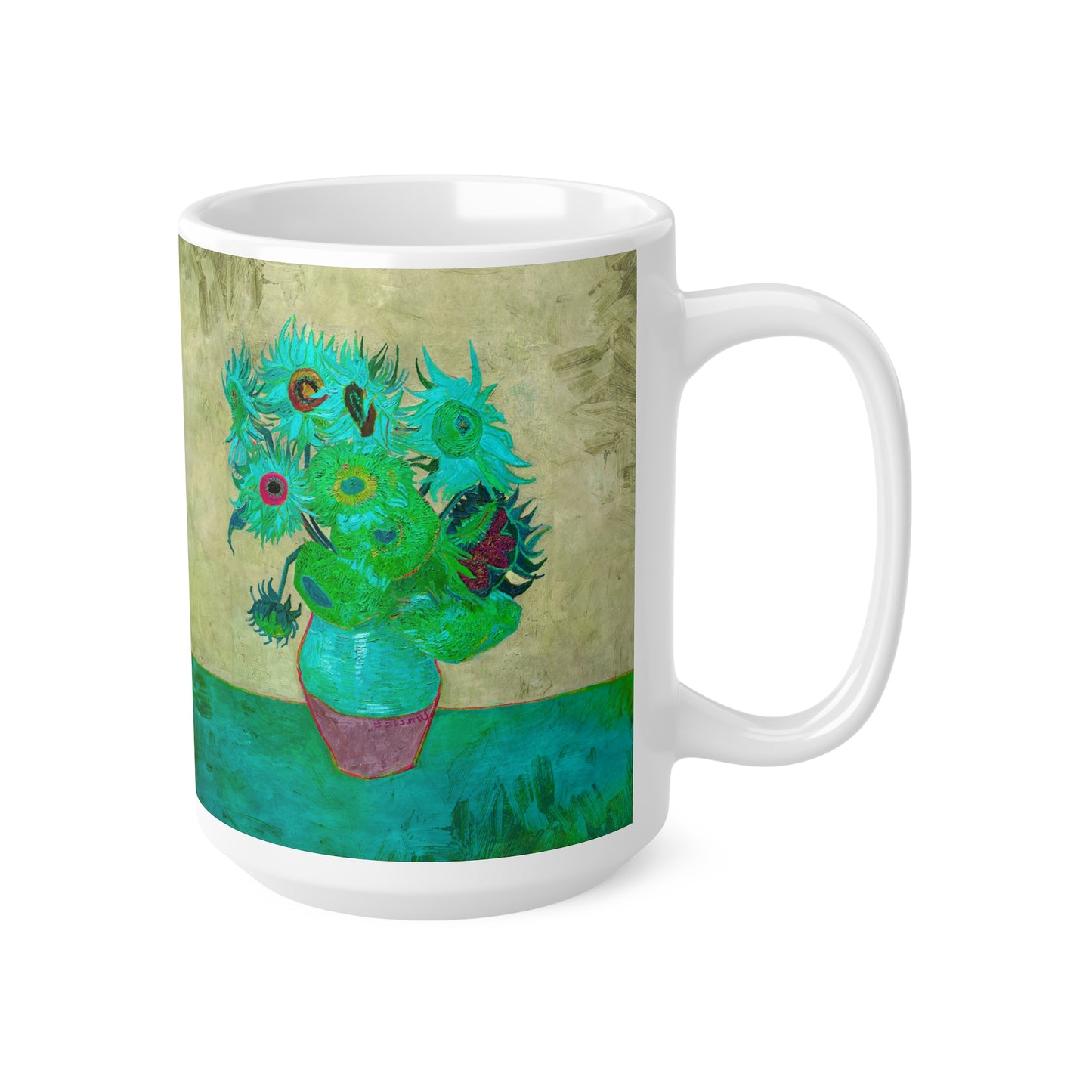 Van Gogh's Vase with Twelve Sunflowers (1888–1889) - Pop art turqoise Fine Art Print Ceramic Coffee Mugs, 11oz, 15oz