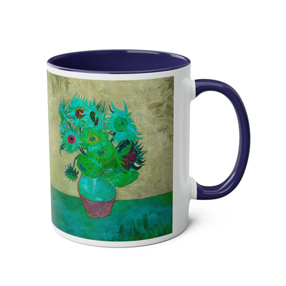 Van Gogh's Vase with Twelve Sunflowers (1888–1889) - Pop art turqoise Fine Art Print Two-Tone Coffee Mugs, 11oz