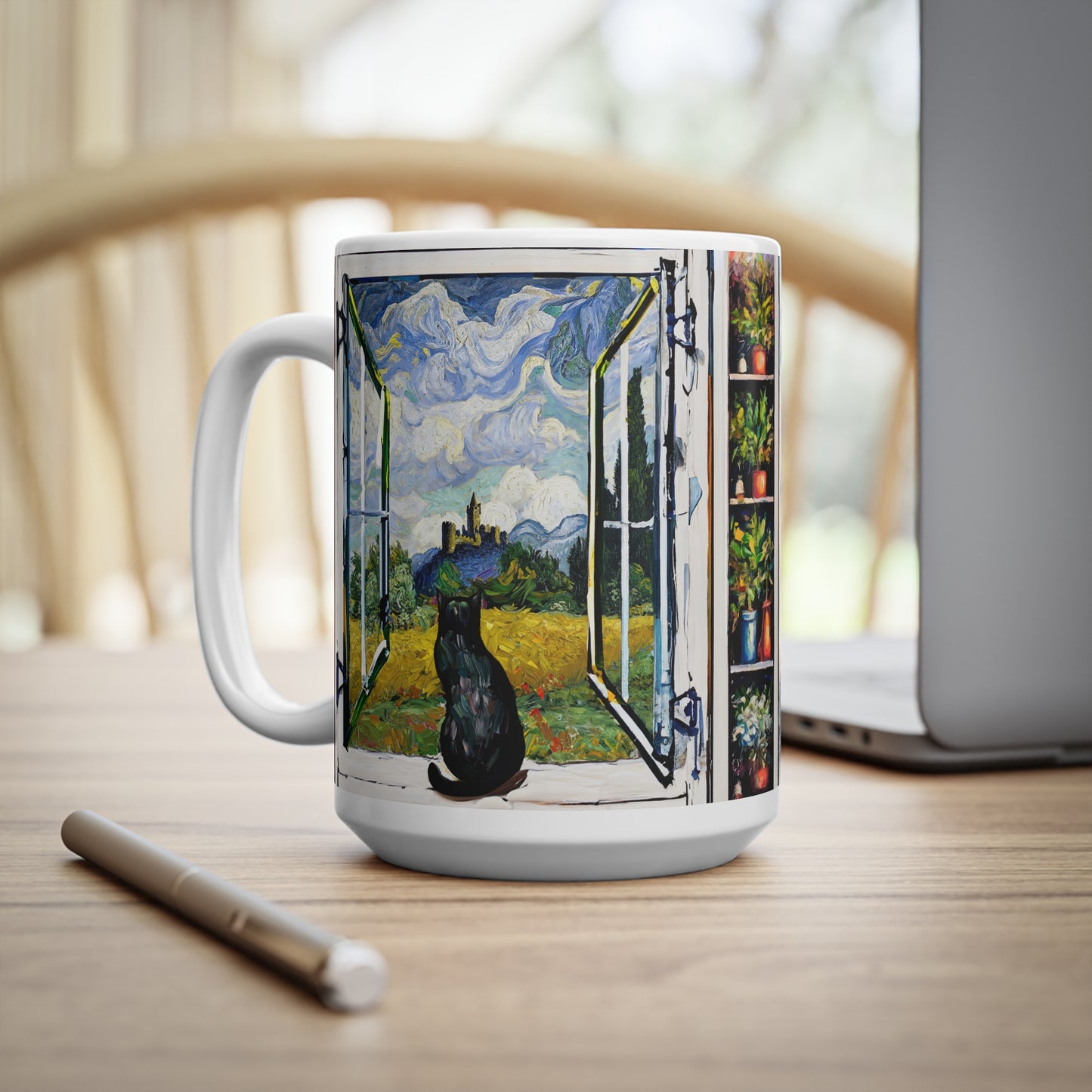 Van Gogh's Wheat Field with Cypresses (1889) - Cat with castle ruin Fine Art Print Ceramic Coffee Mugs, 11oz, 15oz