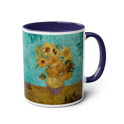 Van Gogh's Vase with Twelve Sunflowers (1888–1889) - Original Fine Art Print Two-Tone Coffee Mugs, 11oz