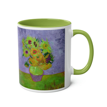 Van Gogh's Vase with Twelve Sunflowers (1888–1889) - Pop art green Fine Art Print Two-Tone Coffee Mugs, 11oz