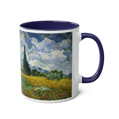 Van Gogh's Wheat Field with Cypresses (1889) - Original Fine Art Print Two-Tone Coffee Mugs, 11oz