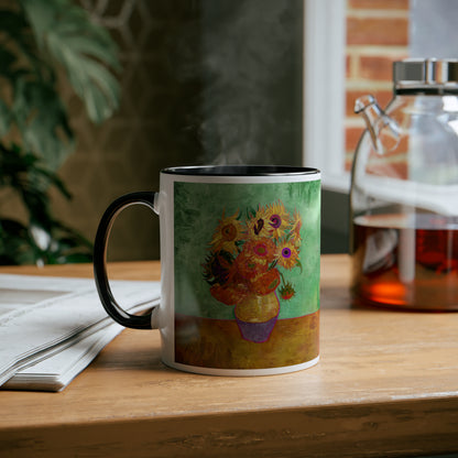 Van Gogh's Vase with Twelve Sunflowers (1888–1889) - Summer Fine Art Print Two-Tone Coffee Mugs, 11oz