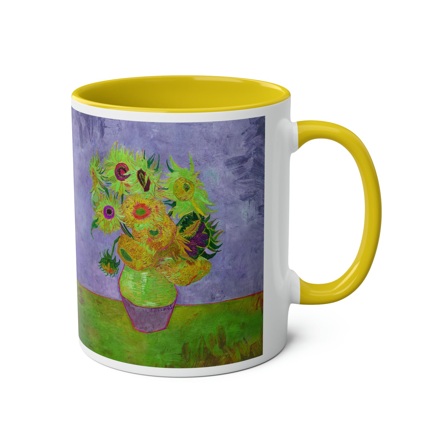 Van Gogh's Vase with Twelve Sunflowers (1888–1889) - Pop art green Fine Art Print Two-Tone Coffee Mugs, 11oz