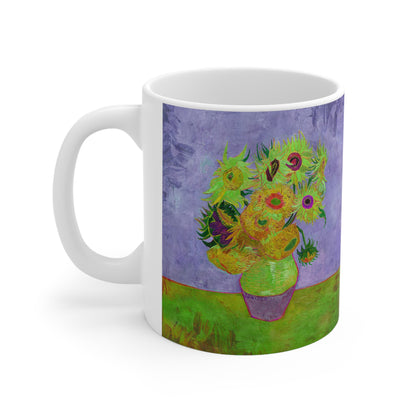 Van Gogh's Vase with Twelve Sunflowers (1888–1889) - Pop art green Fine Art Print Ceramic Coffee Mugs, 11oz, 15oz