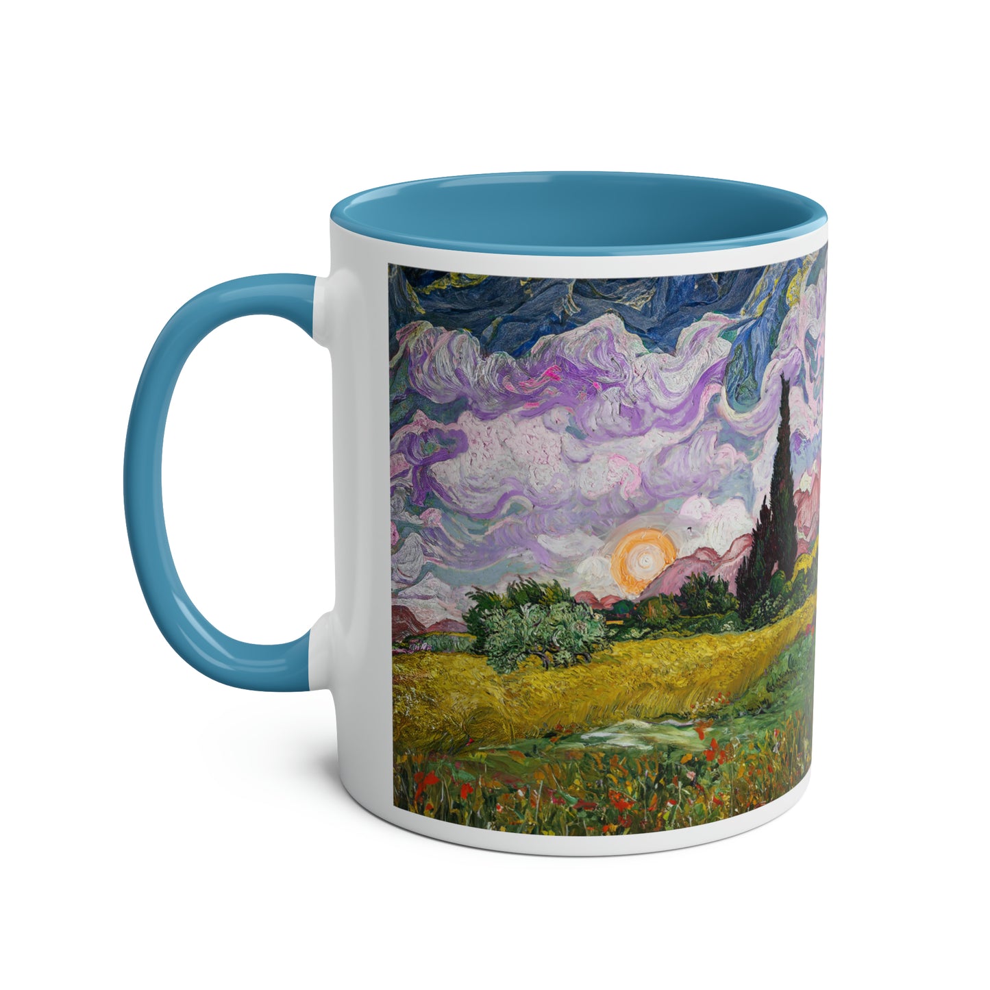 Van Gogh's Wheat Field with Cypresses (1889) - Sunset Fine Art Print Two-Tone Coffee Mugs, 11oz