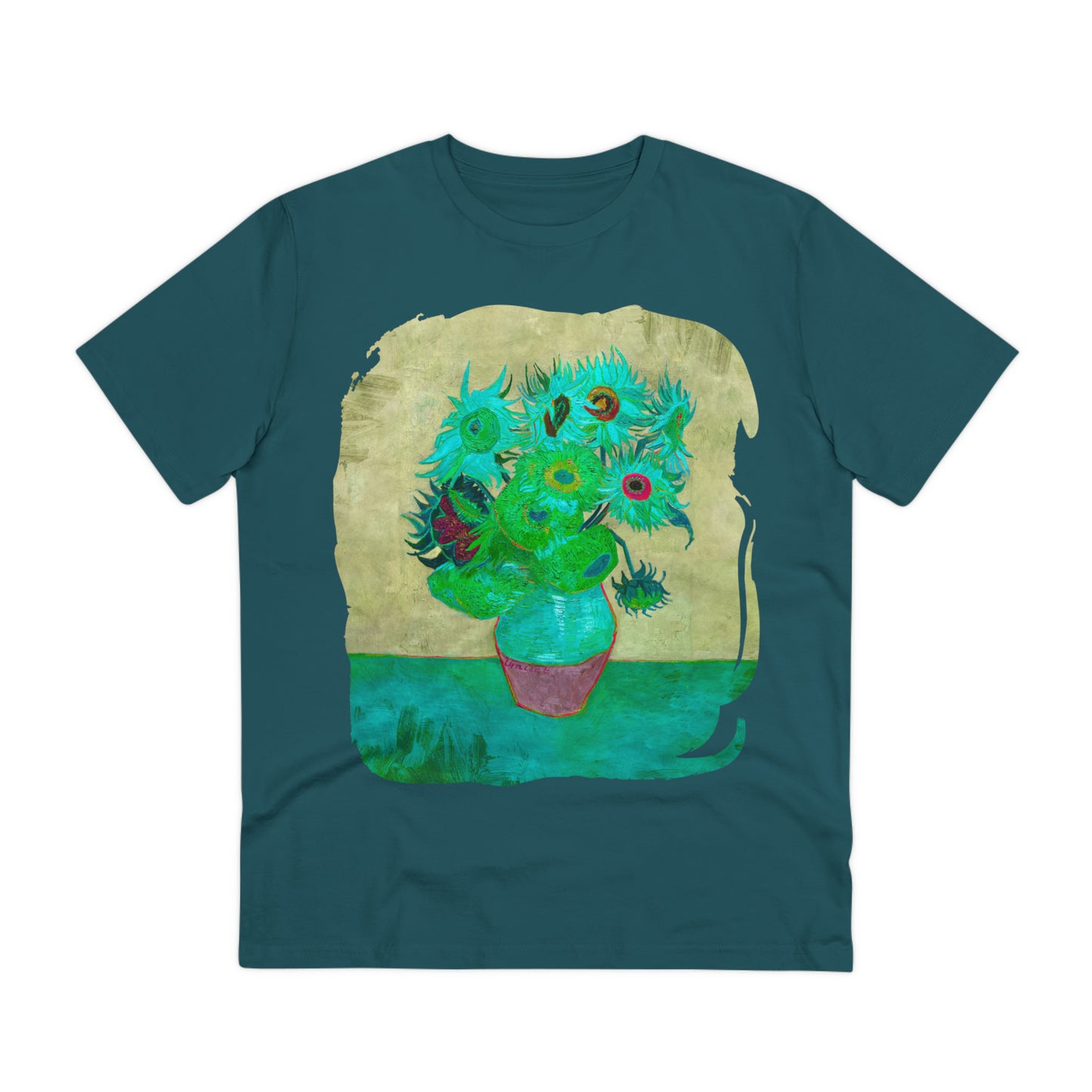 Van Gogh's Vase with Twelve Sunflowers (1888–1889) - Pop art turqoise Fine Art Print Organic Cotton T-Shirt Unisex