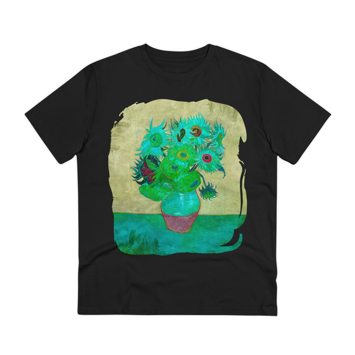 Van Gogh's Vase with Twelve Sunflowers (1888–1889) - Pop art turqoise Fine Art Print Organic Cotton T-Shirt Unisex