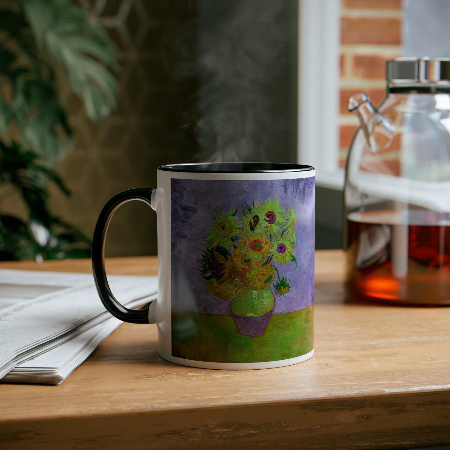 Van Gogh's Vase with Twelve Sunflowers (1888–1889) - Pop art green Fine Art Print Two-Tone Coffee Mugs, 11oz