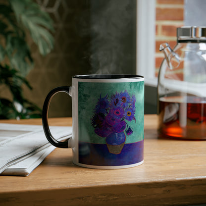 Van Gogh's Vase with Twelve Sunflowers (1888–1889) - Pop art purple Fine Art Print Two-Tone Coffee Mugs, 11oz