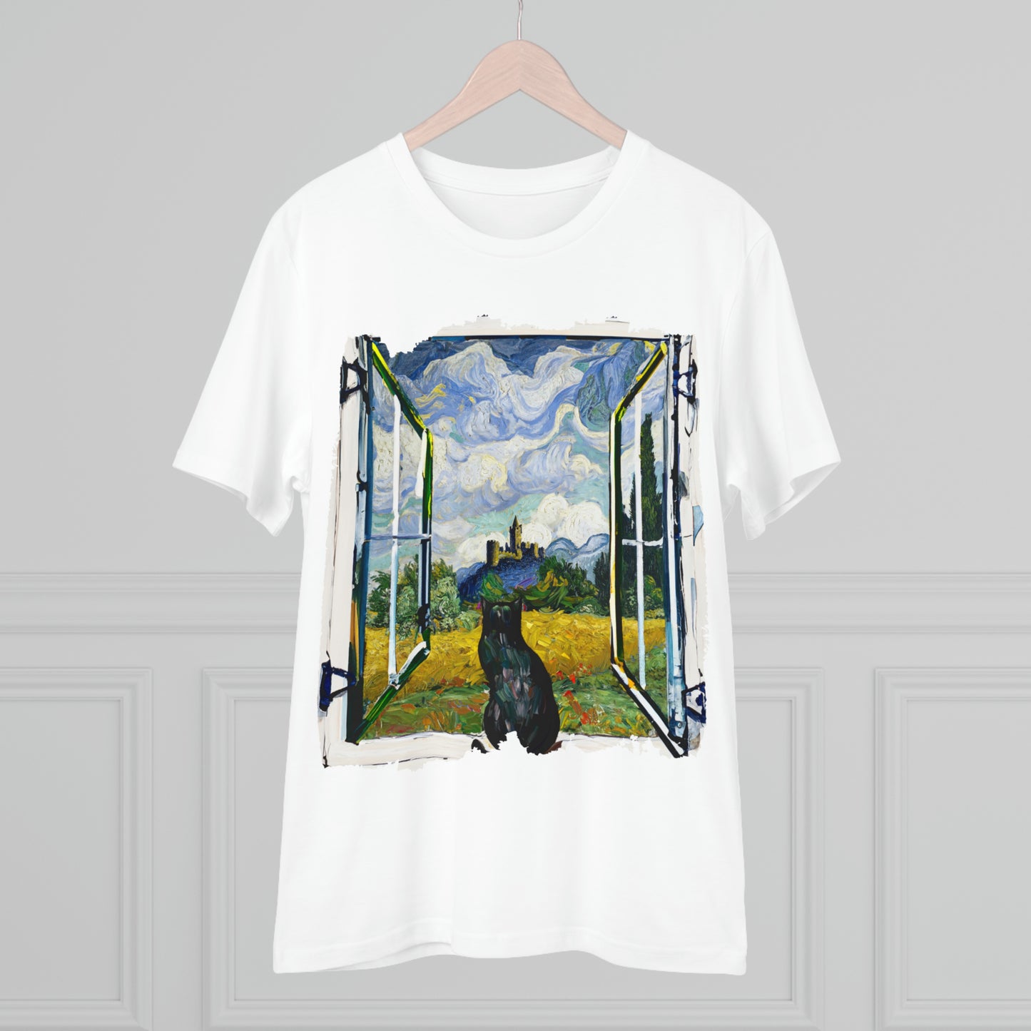 Van Gogh's Wheat Field with Cypresses (1889) - Cat with castle ruin Fine Art Print Organic Cotton T-Shirt Unisex