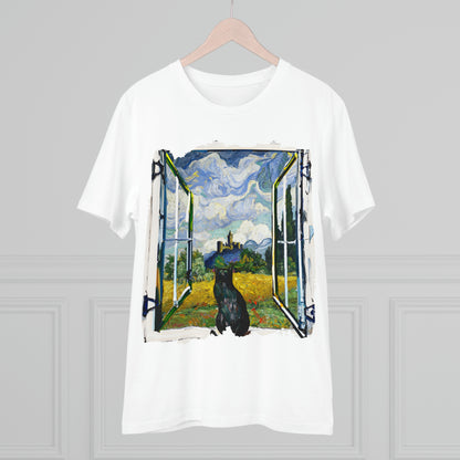 Van Gogh's Wheat Field with Cypresses (1889) - Cat with castle ruin Fine Art Print Organic Cotton T-Shirt Unisex