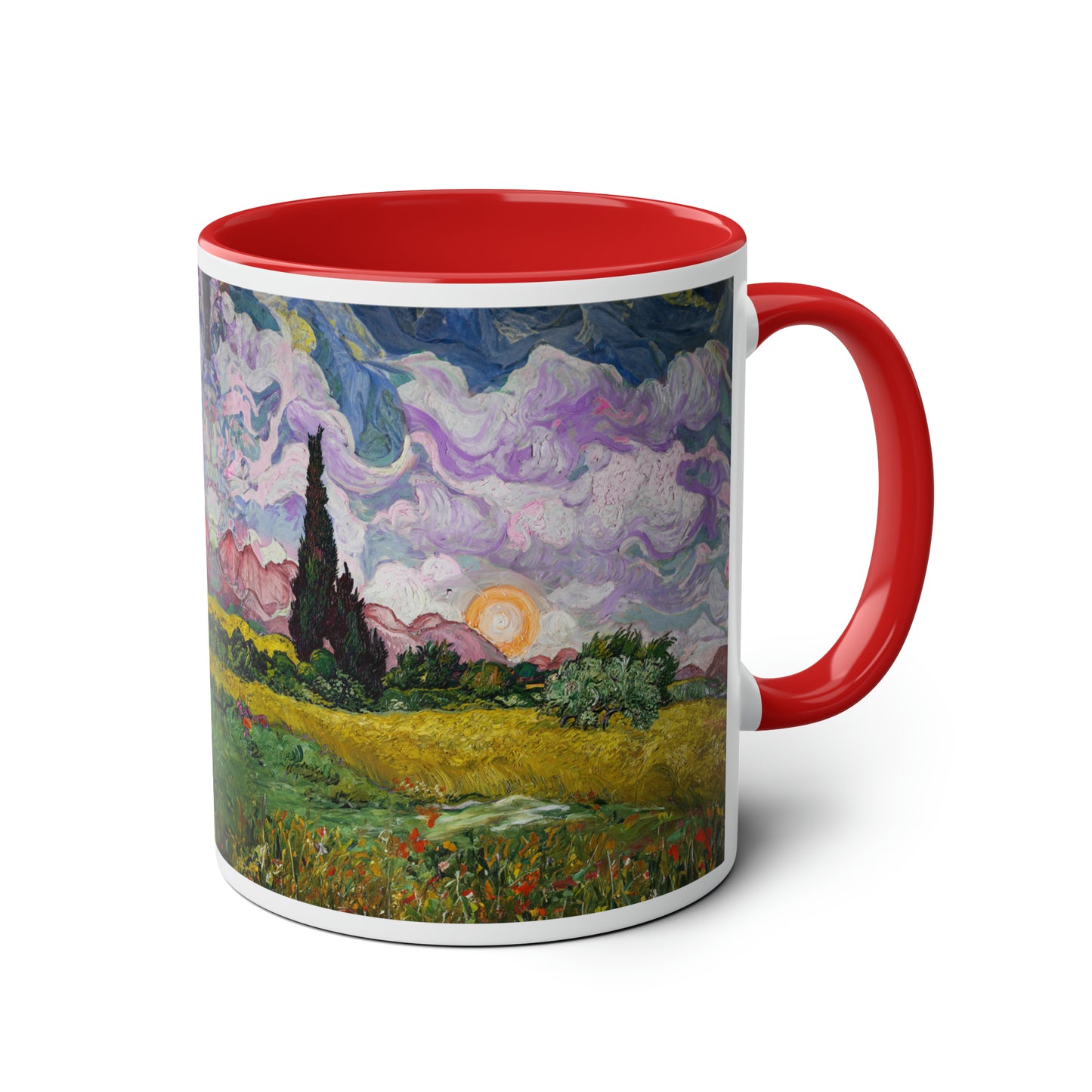 Van Gogh's Wheat Field with Cypresses (1889) - Sunset Fine Art Print Two-Tone Coffee Mugs, 11oz