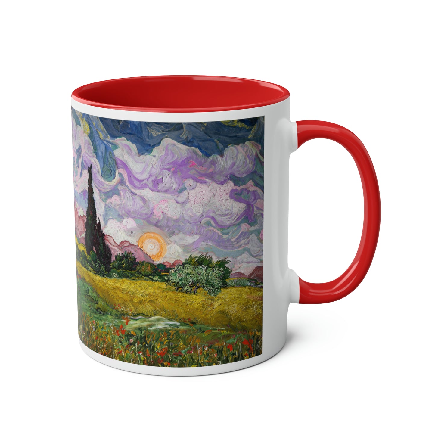 Van Gogh's Wheat Field with Cypresses (1889) - Sunset Fine Art Print Two-Tone Coffee Mugs, 11oz