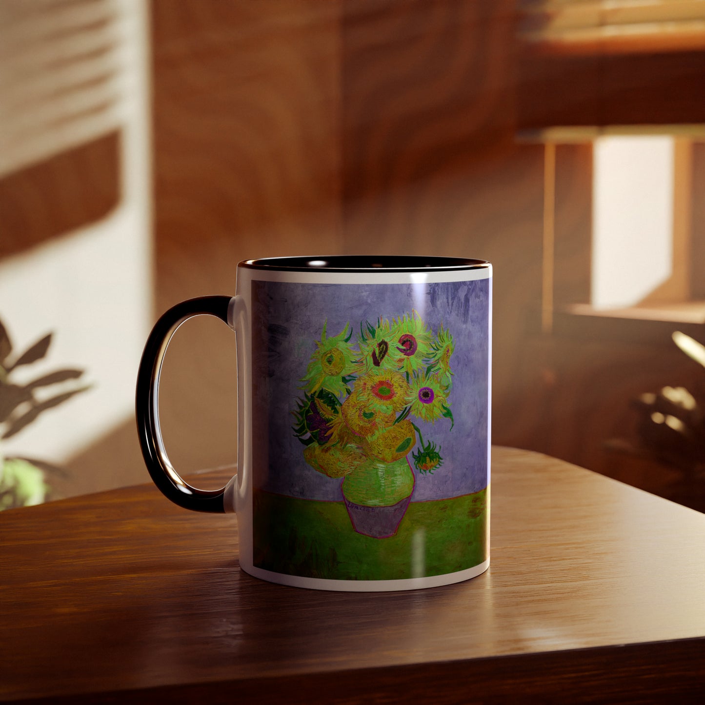 Van Gogh's Vase with Twelve Sunflowers (1888–1889) - Pop art green Fine Art Print Two-Tone Coffee Mugs, 11oz