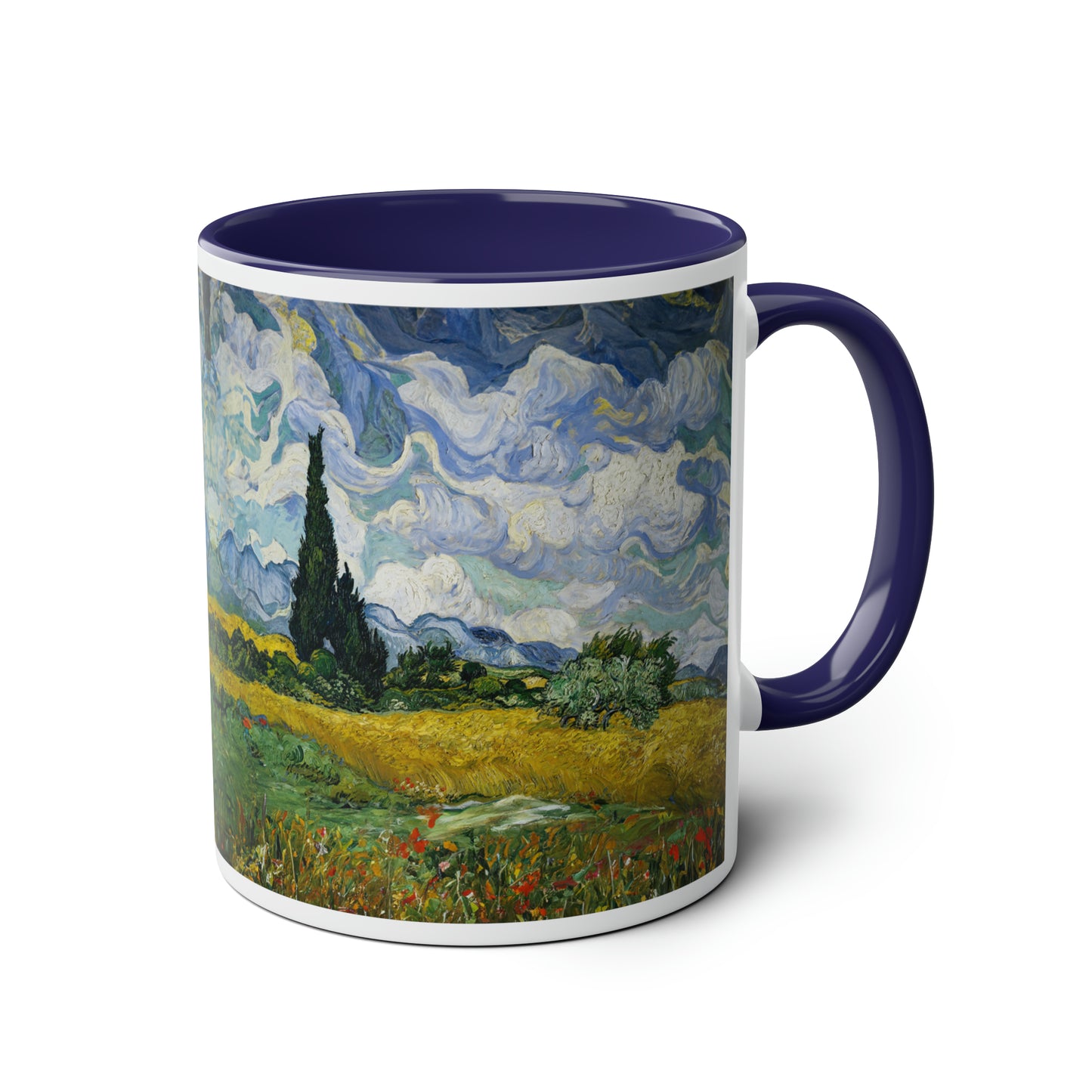 Van Gogh's Wheat Field with Cypresses (1889) - Original Fine Art Print Two-Tone Coffee Mugs, 11oz