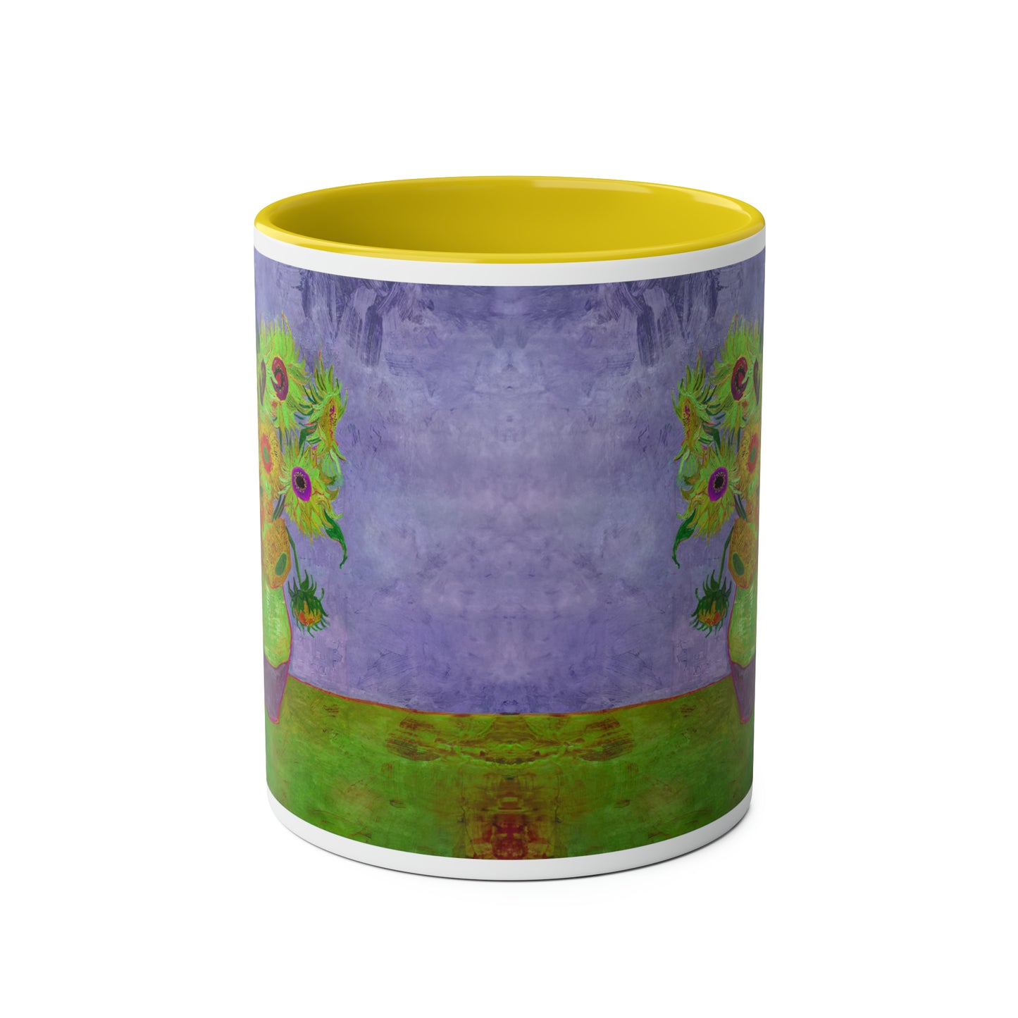 Van Gogh's Vase with Twelve Sunflowers (1888–1889) - Pop art green Fine Art Print Two-Tone Coffee Mugs, 11oz