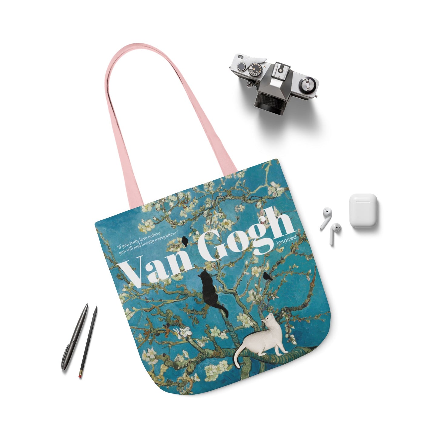 Vincent Vang Gogh Cherry Blossom - Cats - Canvas Tote Bag, 5-Color Straps