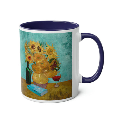 Van Gogh's Vase with Twelve Sunflowers (1888–1889) - Wine and book lover Fine Art Print Two-Tone Coffee Mugs, 11oz